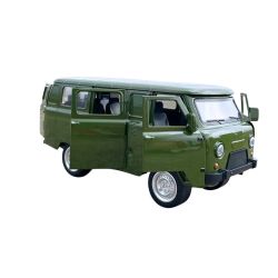 Метален бус Уаз, 1:18, С отварящи се врати, Зелен и pull-back механизъм