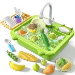 Детска мивка с течаща вода – зелен комплект с посуда и зеленчуци