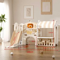 Детски център за игра с пързалка, къща и баскетболен кош, кафяв