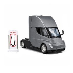 Метален камион Tesla Semi, със зарядна станция, 1:24 – сив