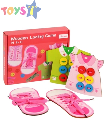 Дървена игра за връзки, с обувки и копчета, розов