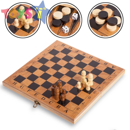 Комплект дървен шах и табла, С фигури и пулове, 3в1, 24х24см