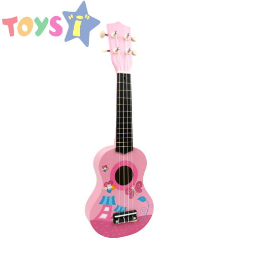 Детска китара, Дървена, 4 струни, Розова