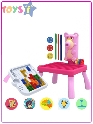 Детски проектор за рисуване, С масичка и играта тетрис, 4в1, Розов