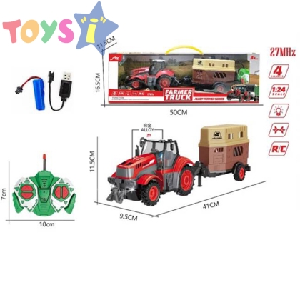 Детски трактор, С дистанционно, Презареждащи батерии, Ремарке за животни, Червен