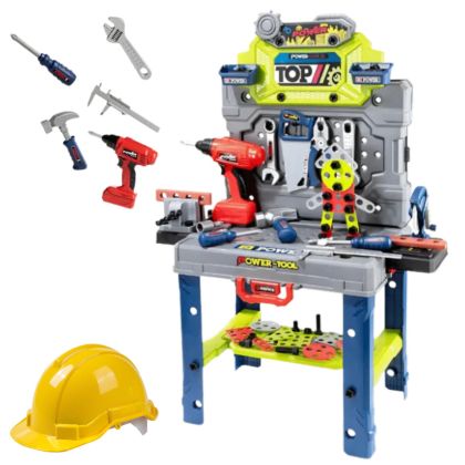 Детски работен плот с инструменти 133 части с каска и електрическа бормашина