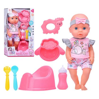 Kукла бебе с аксесоари – гърне, шише и прибори, 35 см