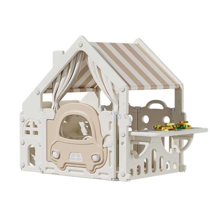 Пластмасова детска къщичка за игра с маса за конструктори – бяла