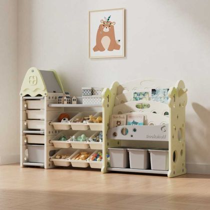 Детска етажерка-органайзер за играчки и книги със 17 отделения и изтеглящи се кутии, зелена