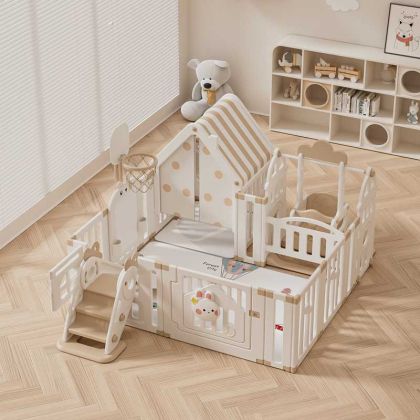 Детска вътрешна площадка с ограда, люлка и активни елементи за игра