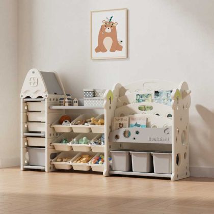Детска етажерка-органайзер за играчки и книги със 17 отделения и изтеглящи се кутии, бяла