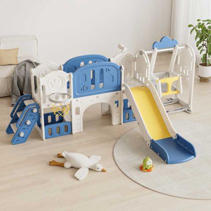 Детски приключенски център за игра 11 в 1 с пързалка, катерушка, люлка и баскет кош - син
