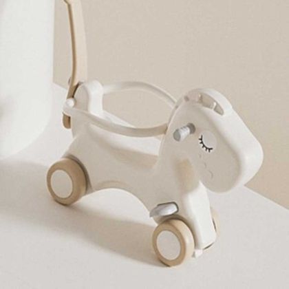 Детска люлка-конче за яздене с дръжка за бутане, кафява