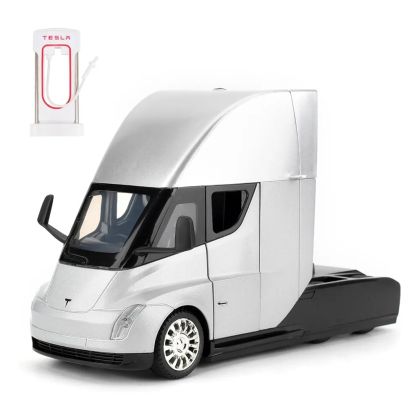 Метален камион Tesla Semi 1:24 със зарядна станция – сребрист