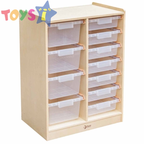 Дървен скрин с кутии за съхранение на играчки