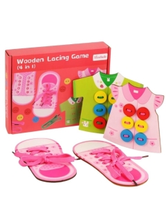 Дървена игра за връзки, с обувки и копчета, розов