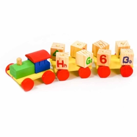 Детско дървено влакче за дърпане с букви и цифри