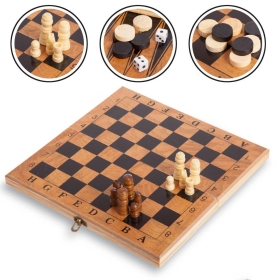 Комплект дървен шах и табла, С фигури и пулове, 3в1, 49х49см