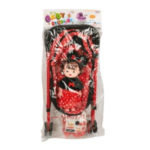 Детска количка за кукли, С кукла и аксесоари, Червена 