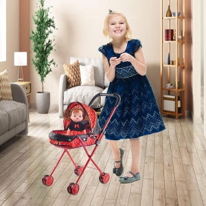 Детска количка за кукли, С кукла и аксесоари, Червена 
