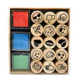 Комплект дървени печати 15 броя с 3 цвята тампони и мастило