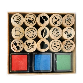 Комплект дървени печати 15 броя с 3 цвята тампони и мастило