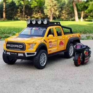 Метален пикап Ford Raptor 6x6, С мотор, 1:28, Жълт, Без опаковка