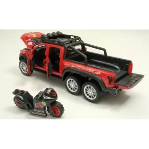 Метален пикап Ford Raptor 6x6, С мотор, 1:28, Червен, Без опаковка