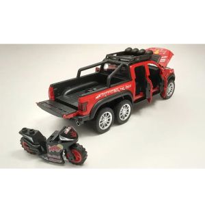 Метален пикап Ford Raptor 6x6, С мотор, 1:28, Червен, Без опаковка