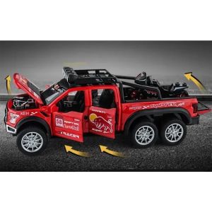 Метален пикап Ford Raptor 6x6, С мотор, 1:28, Червен, Без опаковка