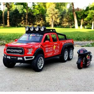 Метален пикап Ford Raptor 6x6, С мотор, 1:28, Червен, Без опаковка