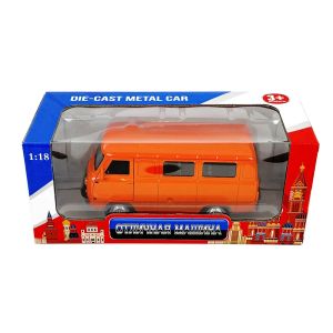 Метален бус Уаз, 1:18, С отварящи се врати, Оранжев и pull-back механизъм