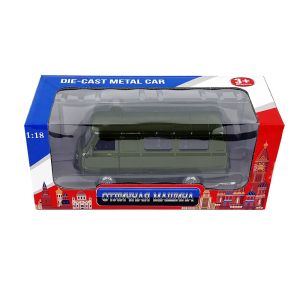 Метален бус Уаз, 1:18, С отварящи се врати, Зелен и pull-back механизъм