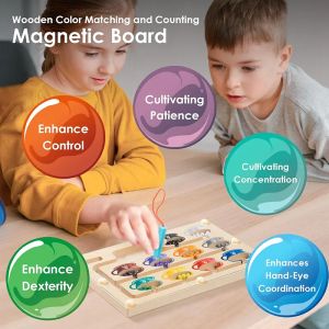 Дървена магнитна дъска – игра за цветове и координация с топчета, лабиринт