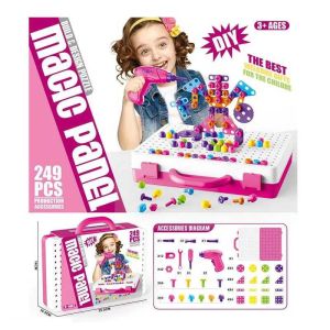 Детски конструктор мозайка с винтоверт в куфарче – 249 части, розов