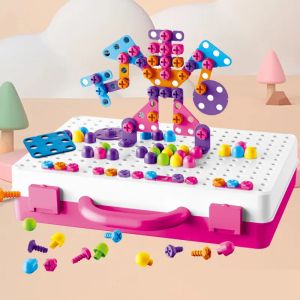 Детски конструктор мозайка с винтоверт в куфарче – 249 части, розов