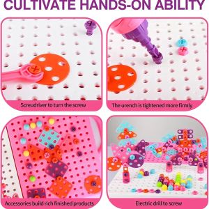 Детски конструктор мозайка с винтоверт в куфарче – 249 части, розов