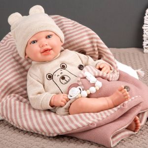 Усмихната кукла-бебе Лейн с розов спален чувал и биберон - 45 см