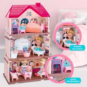 Къща за кукли с 3 етажа, мебели и кукли – 47 см