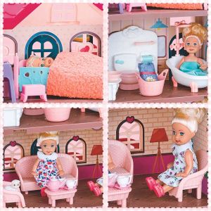 Къща за кукли с 3 етажа, мебели и кукли – 47 см