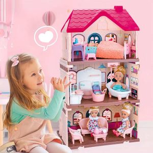 Къща за кукли с 3 етажа, мебели и кукли – 47 см