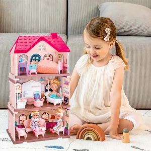 Къща за кукли с 3 етажа, мебели и кукли – 47 см