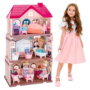 Къща за кукли с 3 етажа, мебели и кукли – 47 см