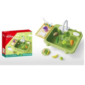 Детска мивка с течаща вода – зелен комплект с посуда и зеленчуци