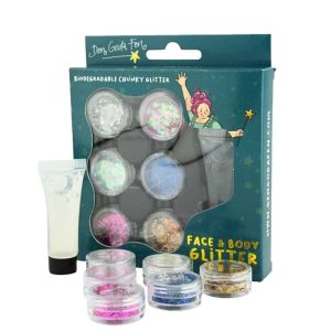 Комплект от биоразградим брокат и гел за лесно нанасяне върху лице и тяло