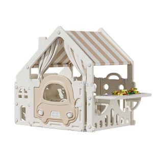 Пластмасова детска къщичка за игра с маса за конструктори – бяла