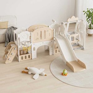 Детски приключенски център за игра 11 в 1 с пързалка, катерушка, люлка и баскетболен кош - кафяв