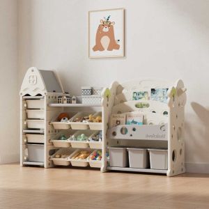 Детска етажерка-органайзер за играчки и книги със 17 отделения и изтеглящи се кутии, бяла