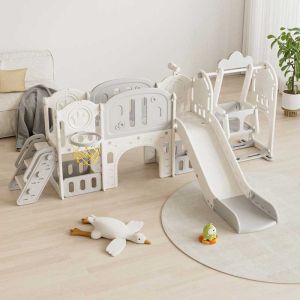 Детски приключенски център за игра 11 в 1 с пързалка, катерушка, люлка и баскет кош - сив