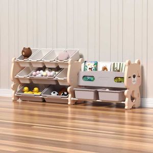 Детска етажерка Розово мече – 3 реда с кошници за съхранение на играчки и странични рафтове за книги